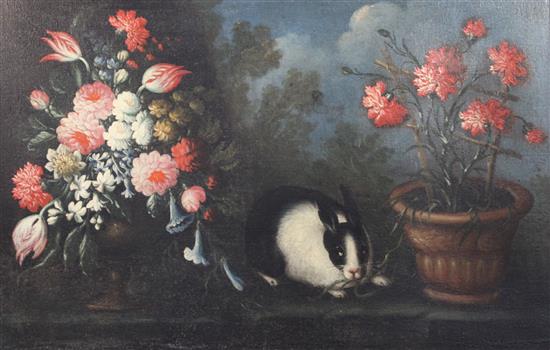 18th Century Neapolitan School Still life of a rabbit beside a vase of flowers and a pot with carnations 25 x 35in.